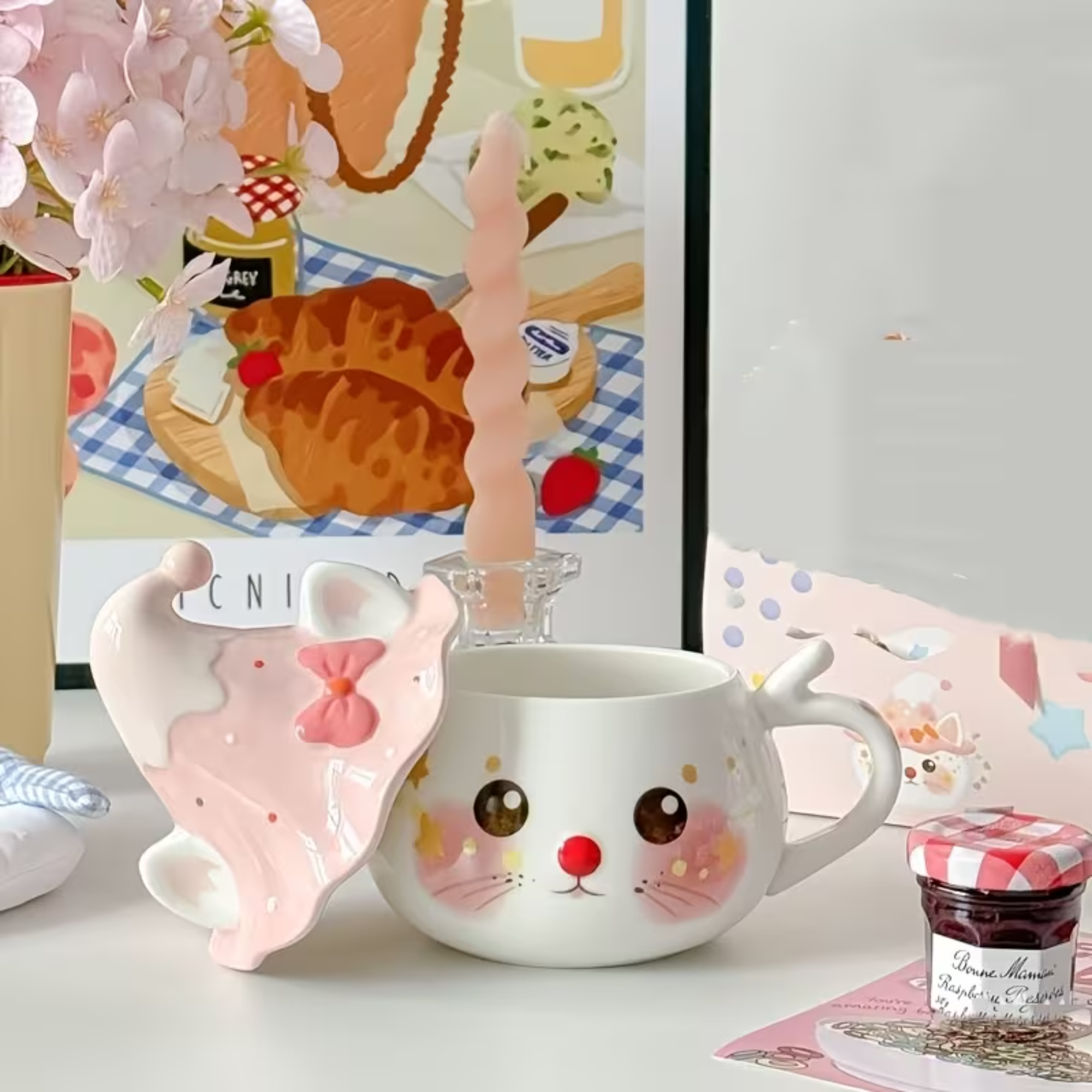 Handmade Style Cat Ceramic Mug With Lid 