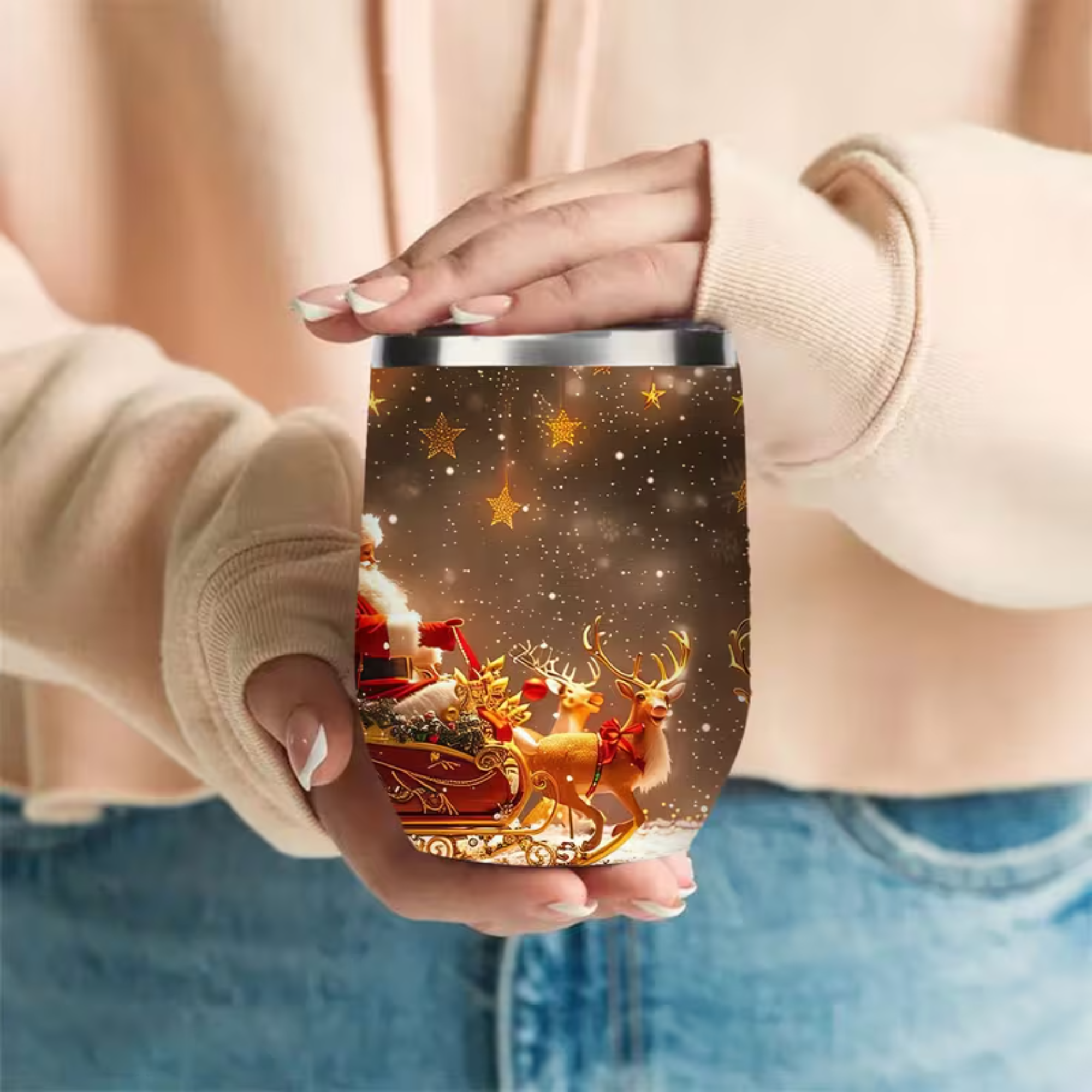 Santa And Reindeer Printed Christmas Travel Mug