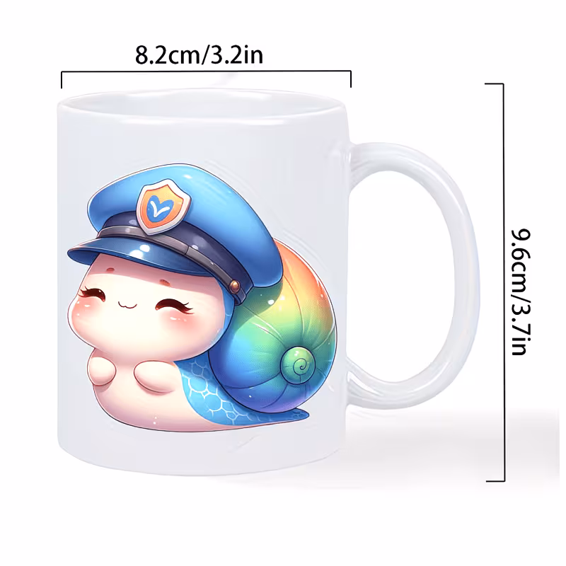 cute police officer snail ceramic white mug insulated hand wash only perfect gift for whimsical design with rainbow shell police badge reusable drinkware coffee bar accessories 2