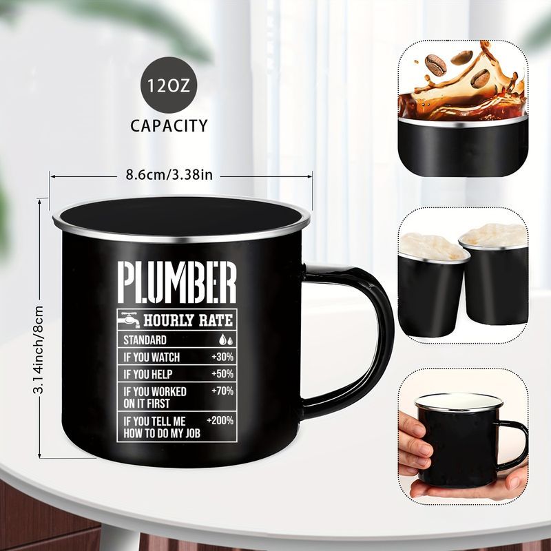 12oz Black Enamel Plumbers Coffee Mug With Funny Hourly Rate Design