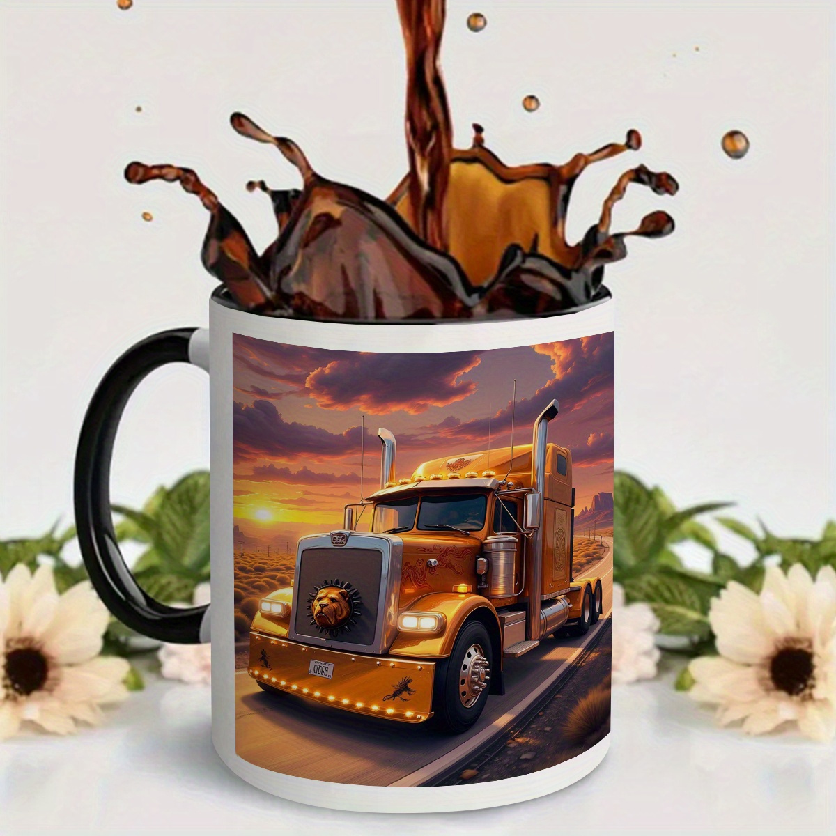 A Cute And Durable White Mug Featuring a Steampunk Truck Design 11 Ounces Made of Cartoon Style Ceramic