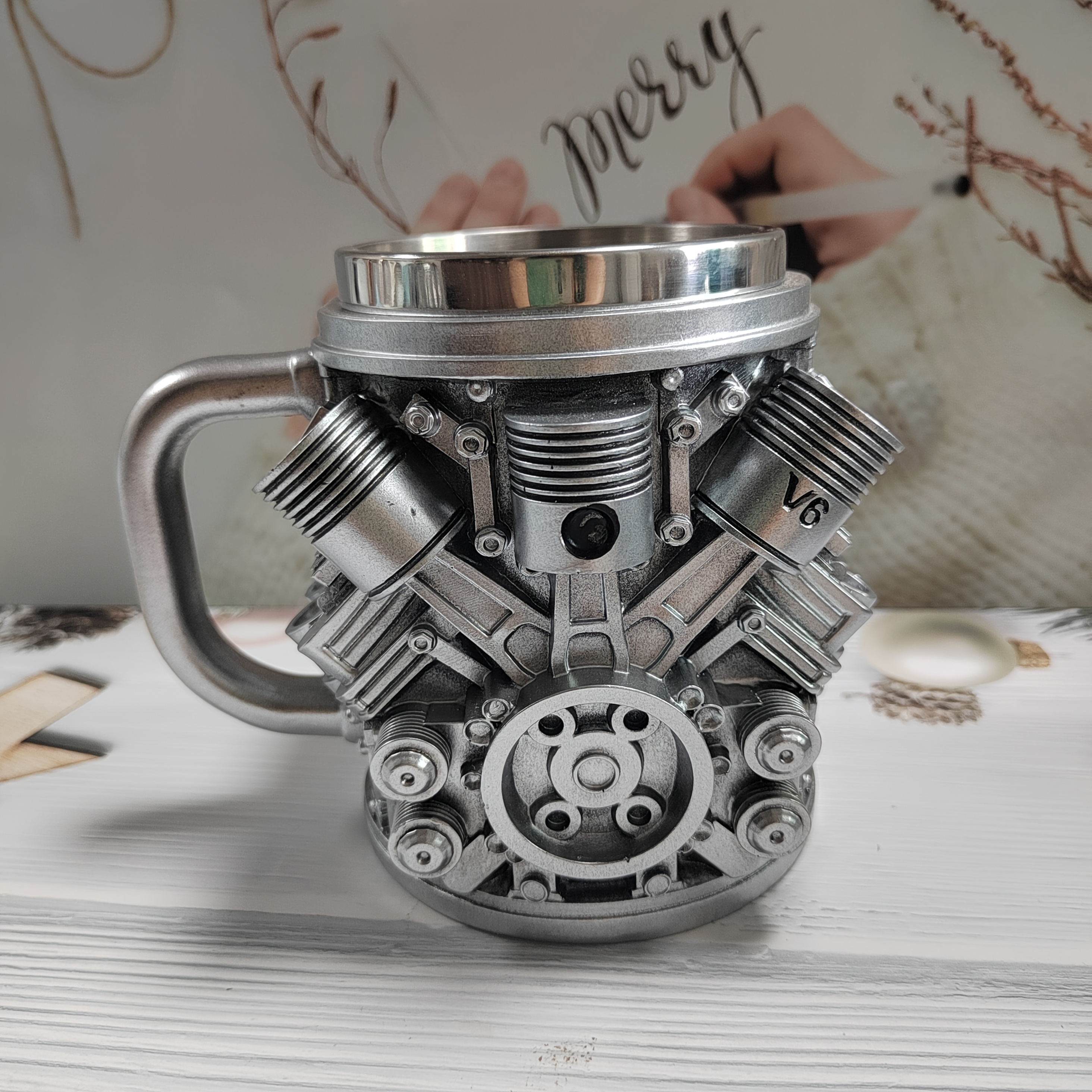 1pc Stainless Steel Engine Design Coffee Mug Featuring V8 And V6 Engine