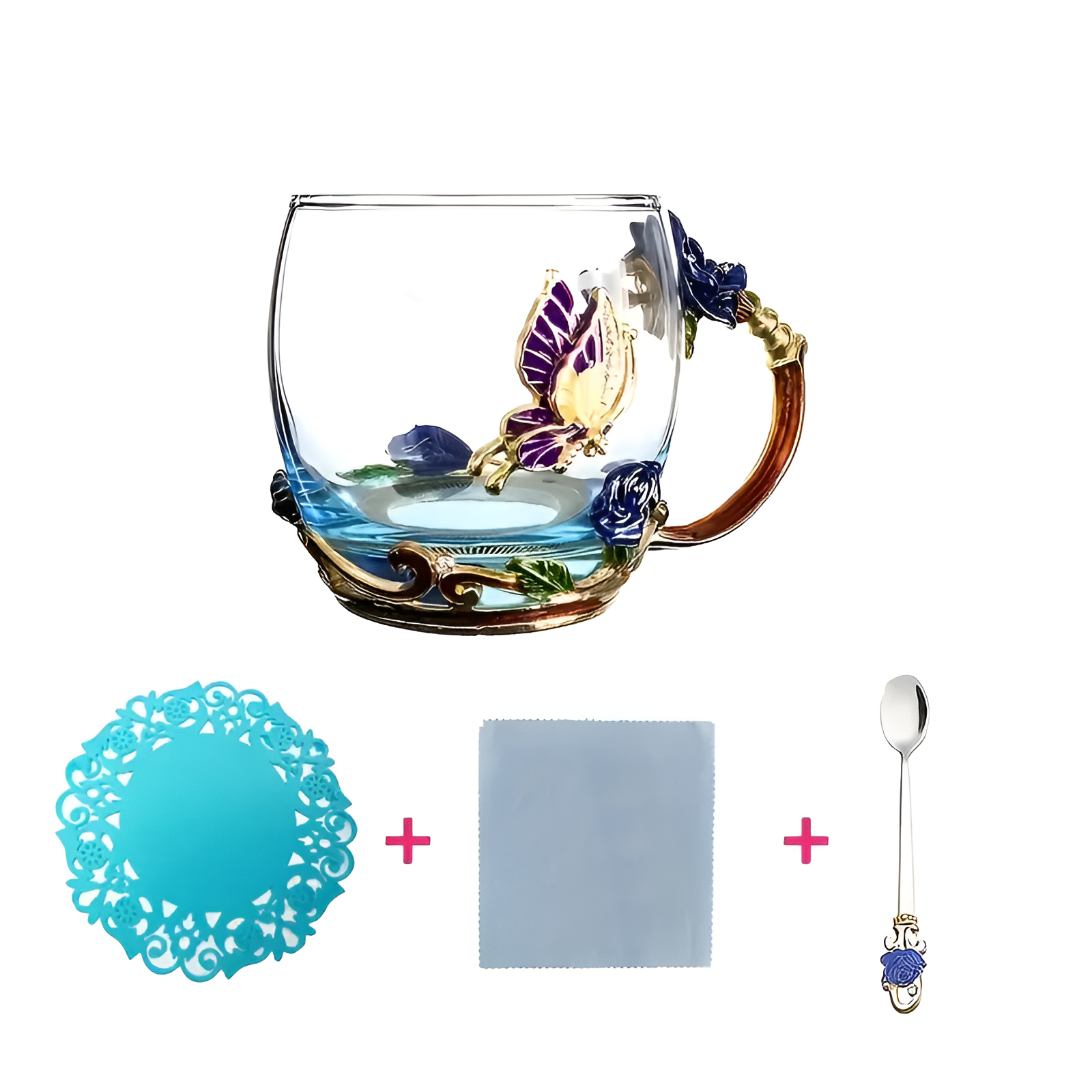 Crystal Glass Cup Set With Butterfly Accent And Rose Spoon For Drinks