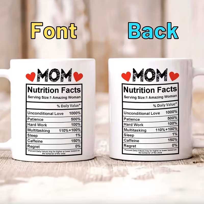 1pc funny mom mug with funny nutrition facts funny mothers day birthday gift idea 11oz white ceramic coffee cup with heart cutouts dishwasher safe funny womens tea mug for everyday use mom grandma funny mothers day present ideal for hot cold dining essentials 1