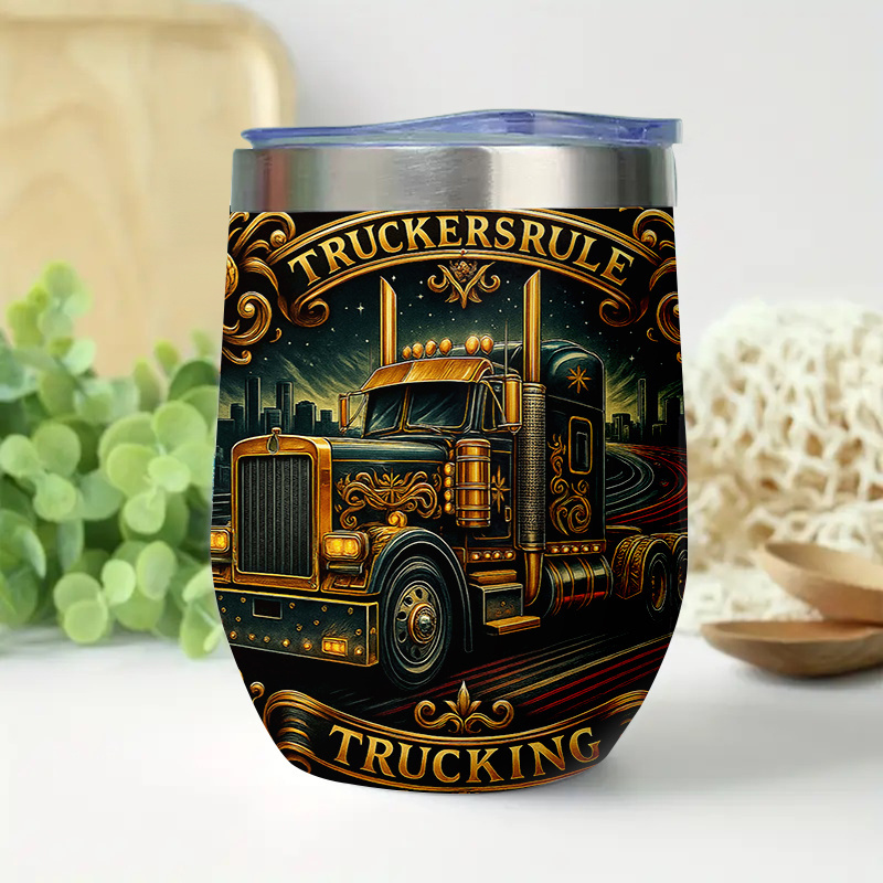 1pc 12oz Coffee Cups Mugs Stainless Steel Tumbler Leak Proof Gift Idea Truckers Rule Theme