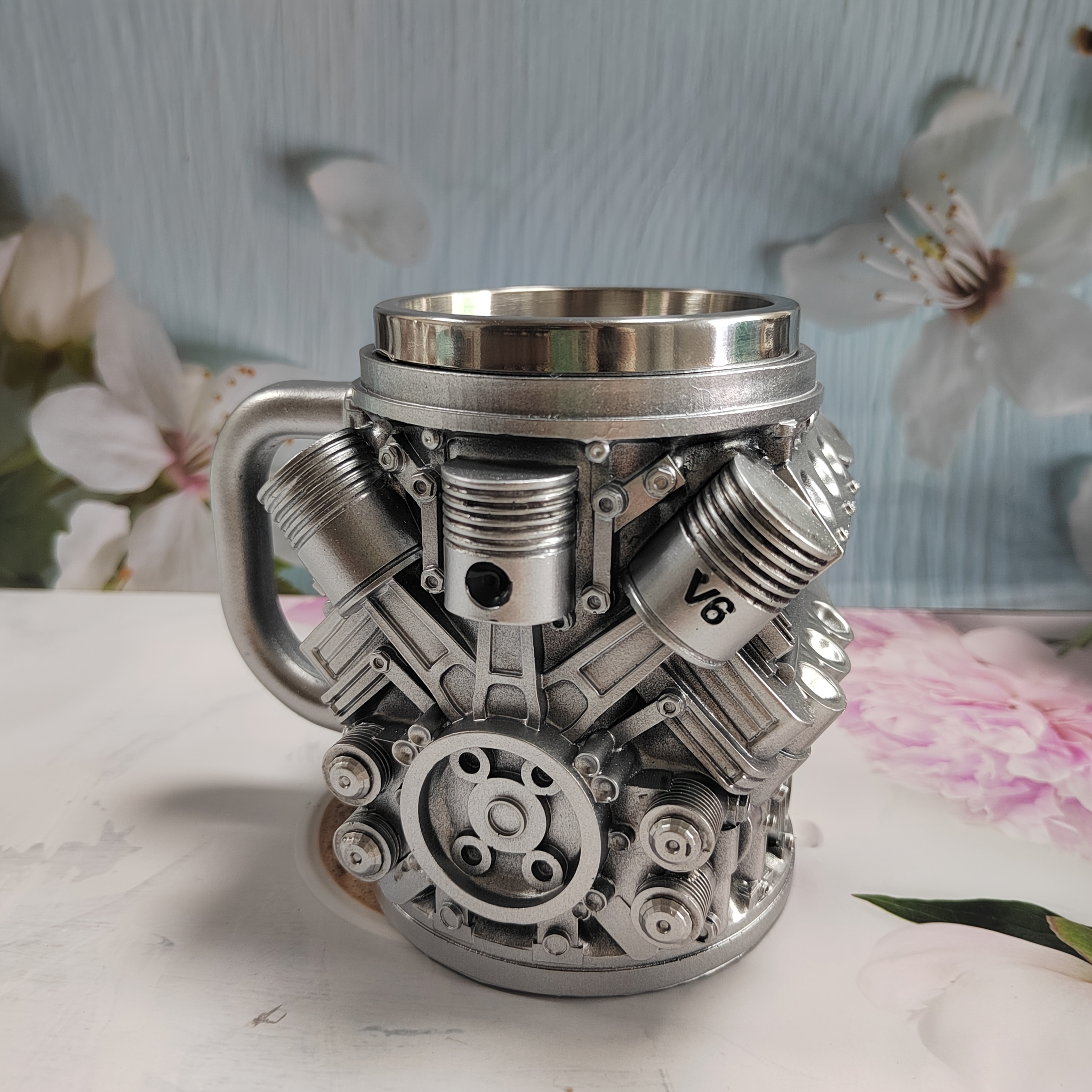 1pc Stainless Steel Engine Design Coffee Mug Featuring V8 And V6 Engine