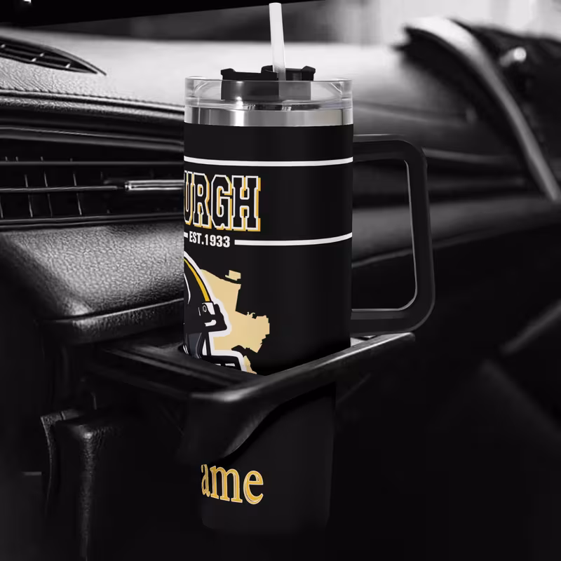 customizable pittsburgh football 40oz vacuum insulated cup with lid and straw personalized name car cup hand wash only reusable travel coffee cup water bottle car office home for fans 4