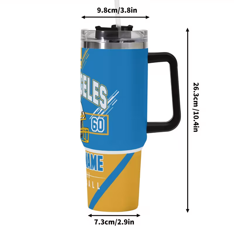 los angeles football 40oz stainless steel tumbler with personalized name travel cup with handle straw water iced tea coffee smoothies ideal gift for fans hot or cold beverages customizable drinkware durable drinkware 5