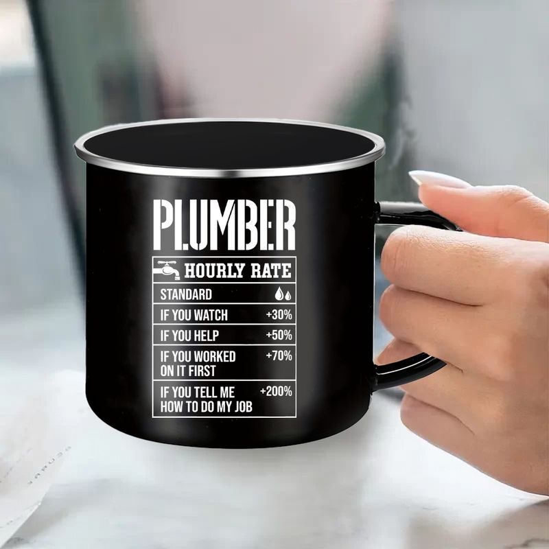 12oz Black Enamel Plumbers Coffee Mug With Funny Hourly Rate Design