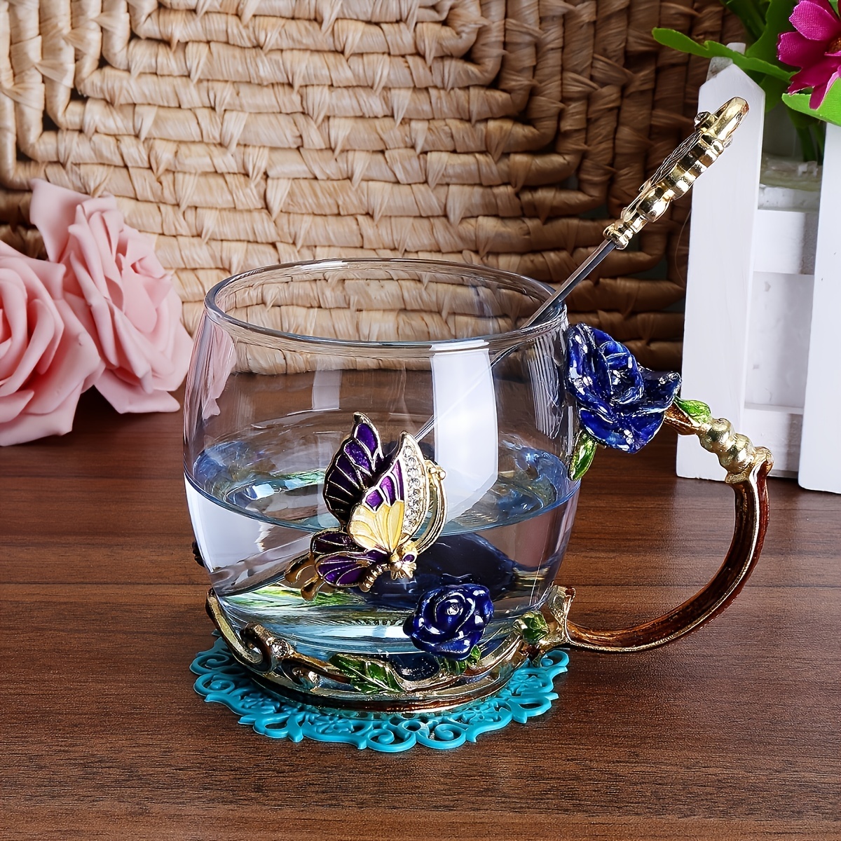 Rose Enamel Butterfly Glass Mug Set