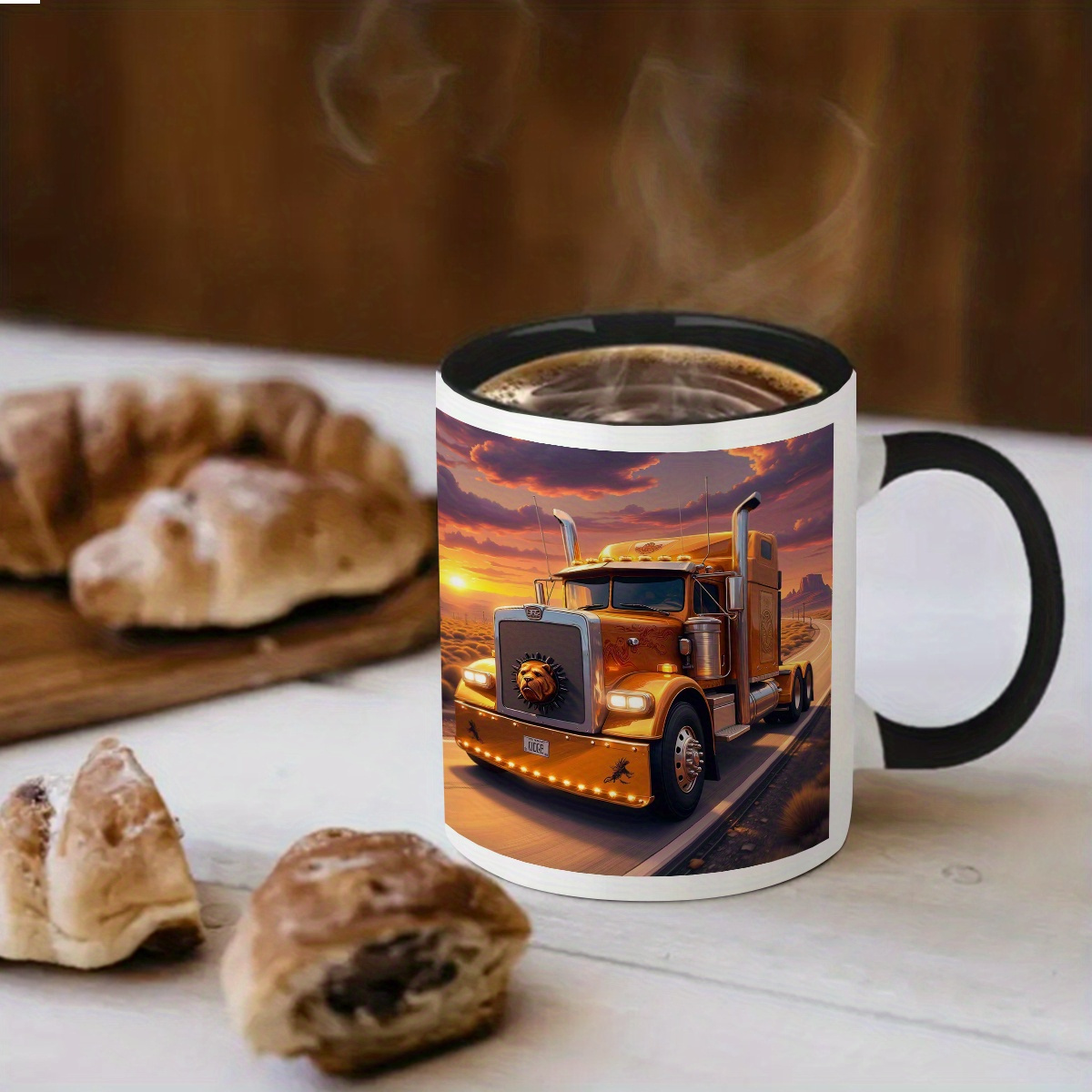 A Cute And Durable White Mug Featuring a Steampunk Truck Design 11 Ounces Made of Cartoon Style Ceramic