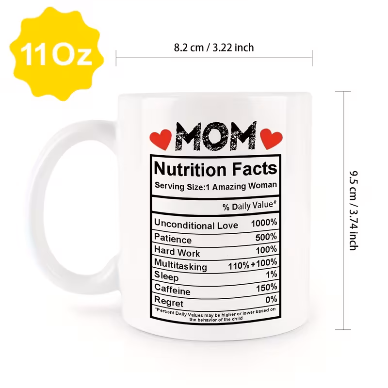 1pc funny mom mug with funny nutrition facts funny mothers day birthday gift idea 11oz white ceramic coffee cup with heart cutouts dishwasher safe funny womens tea mug for everyday use mom grandma funny mothers day present ideal for hot cold dining essentials 5
