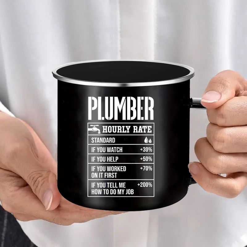 12oz Black Enamel Plumbers Coffee Mug With Funny Hourly Rate Design