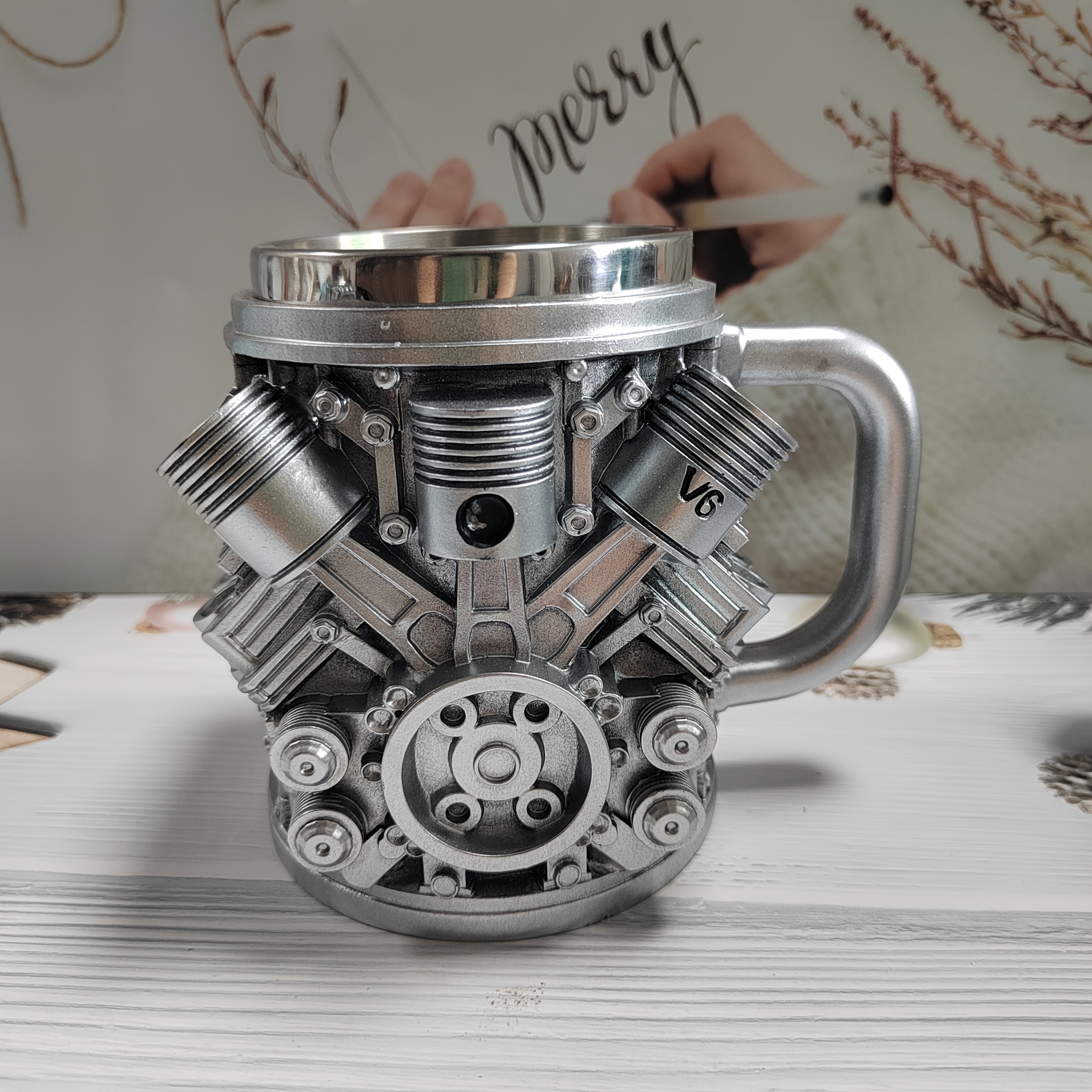 1pc Stainless Steel Engine Design Coffee Mug Featuring V8 And V6 Engine
