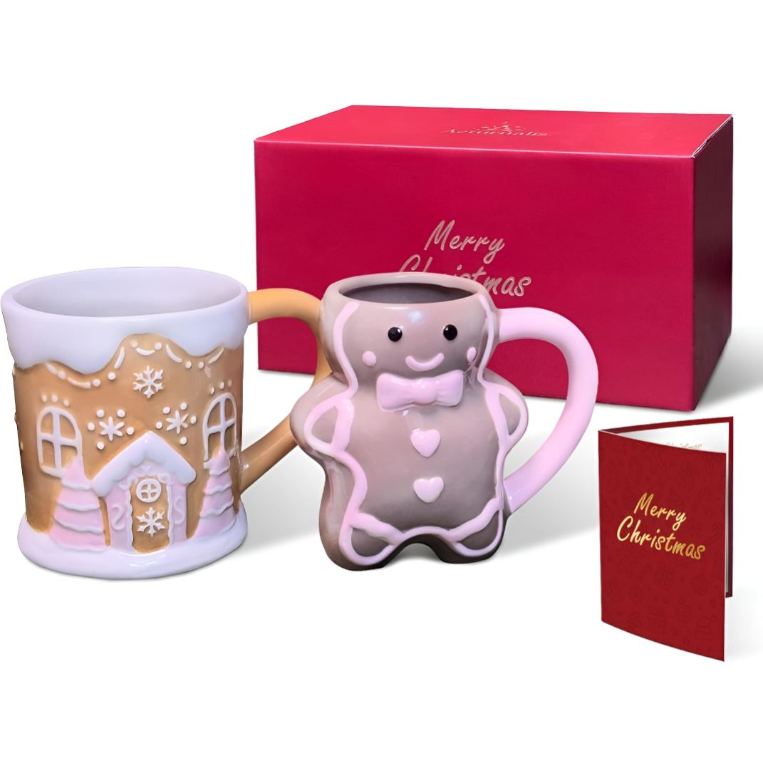 2 Pieces Holiday Card And Gift Box Included Gingerbread Design Mug