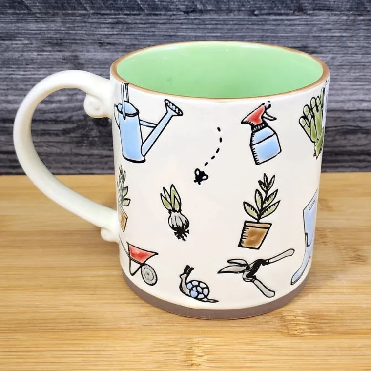 Hobby Gardener Coffee Mug Embossed Garden Tools flowers Pot Cup 21oz Blue Sky