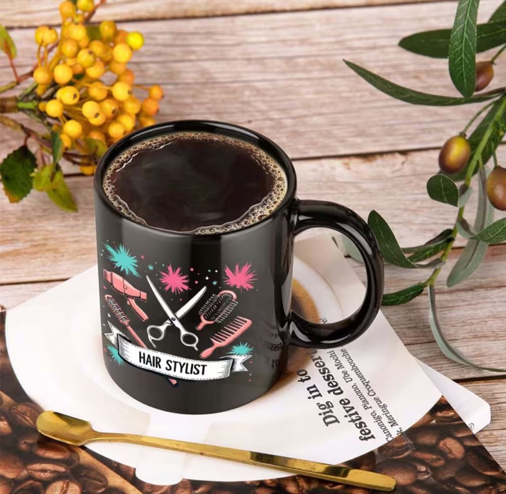 1pc Hair Stylist Ceramic Coffee Mug, 11oz, Black with Scissors, Comb & Fireworks Design, Friends & Family, All-Season Use, Barber Accessories