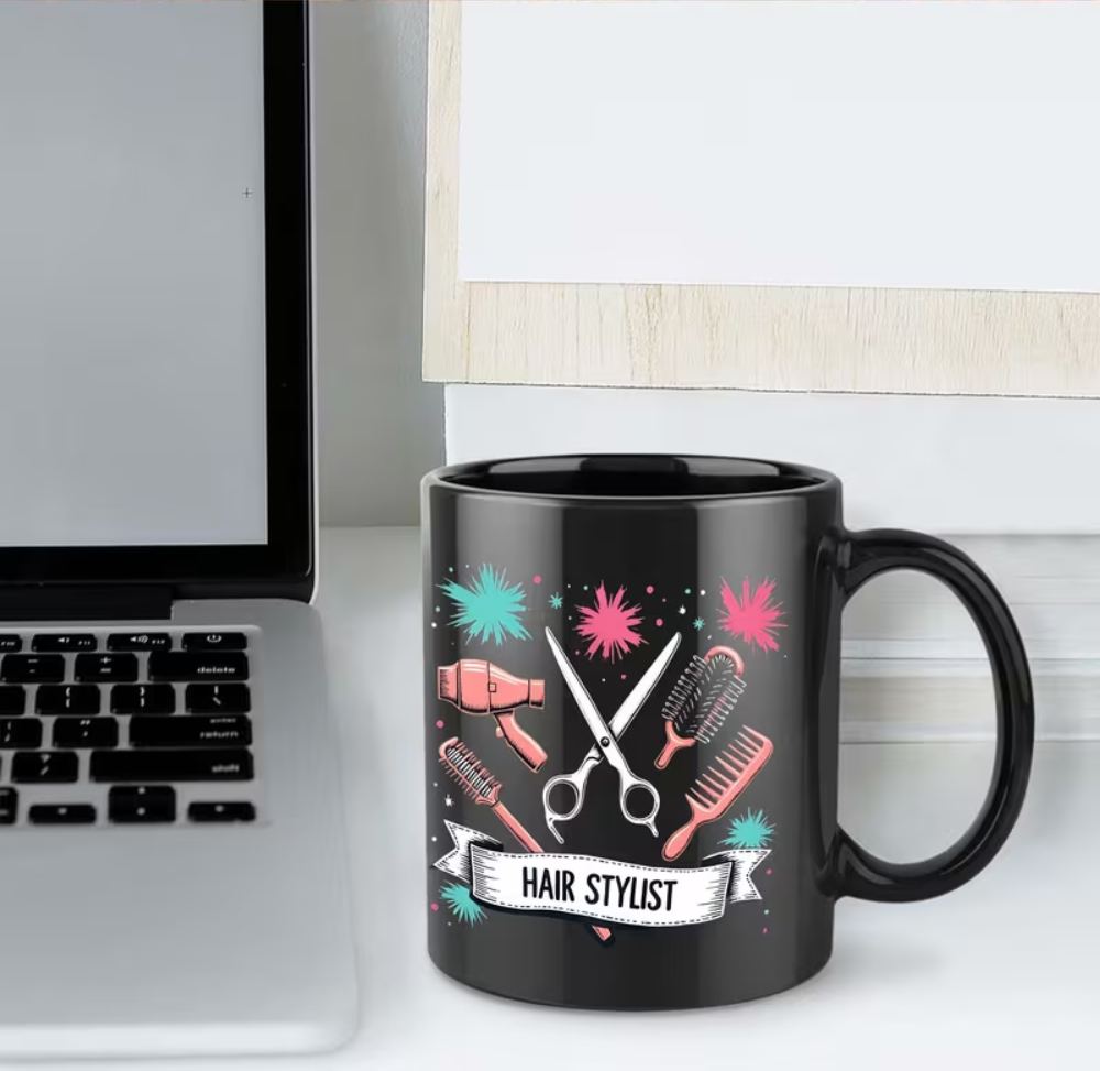 1pc Hair Stylist Ceramic Coffee Mug, 11oz, Black with Scissors, Comb & Fireworks Design, Friends & Family, All-Season Use, Barber Accessories