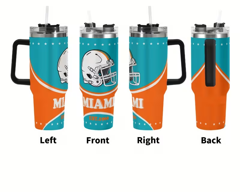 1pc miami football 40oz stainless steel travel insulated tumbler keep drinks hot or cold with vacuum insulation   straw perfect gift for   sports water bottle vibrant football design durable insulated tumbler 0