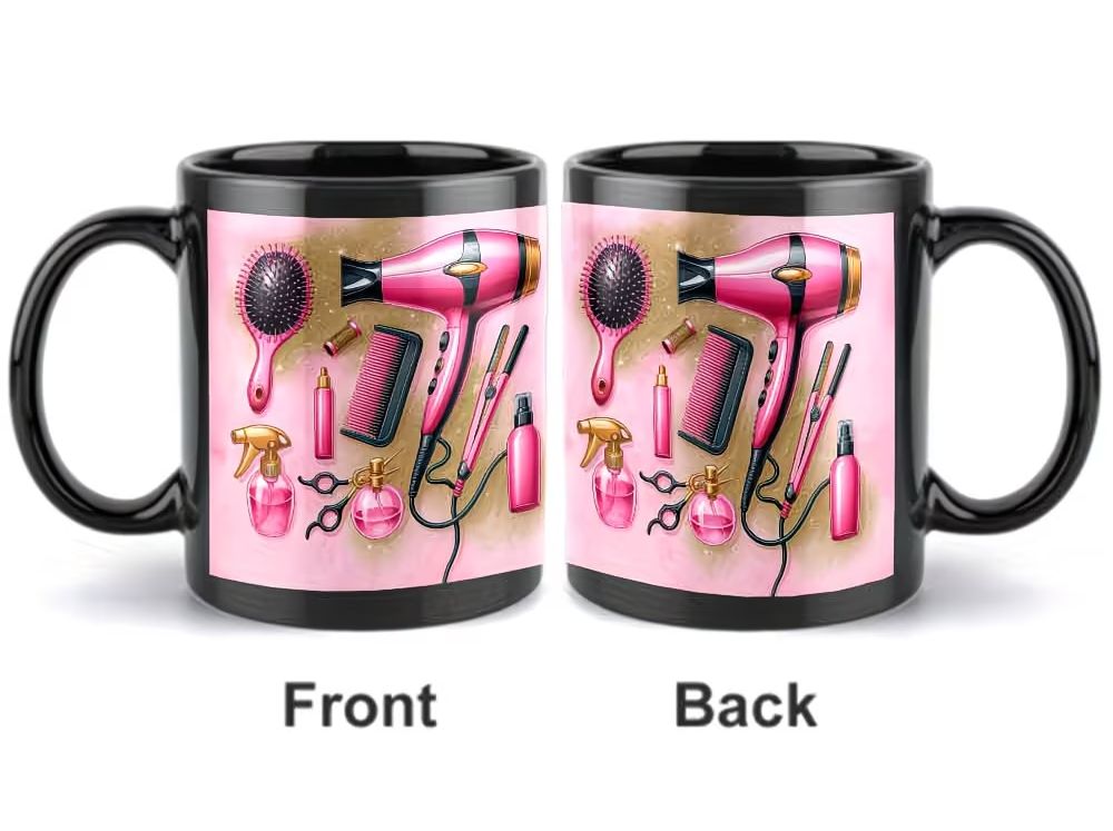 ceramic mug designed for hair salons featuring a heat resistant hair dryer and scissors   with pink hair styling tools a perfect gift for hairstylists barbers and clients this microwave safe coffee cup is ideal for your beverage needs 2