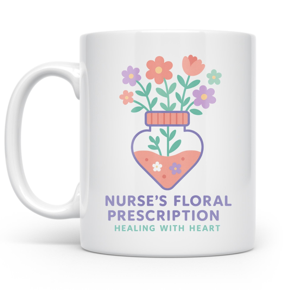 Nurse Ceramic Mug, Floral Pill Bottle Design