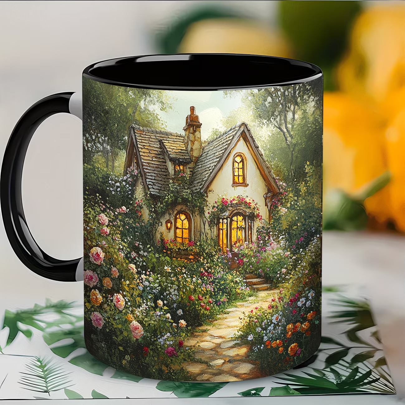 11oz Ceramic Coffee Mug with Enchanting Cottage Garden Design