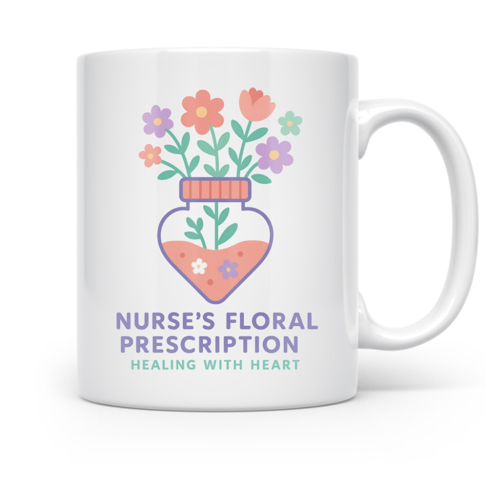 Nurse Ceramic Mug, Floral Pill Bottle Design