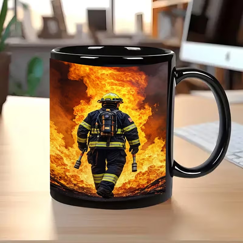 Firefighter Mug with Bold Firefighter Charging into Flames Design