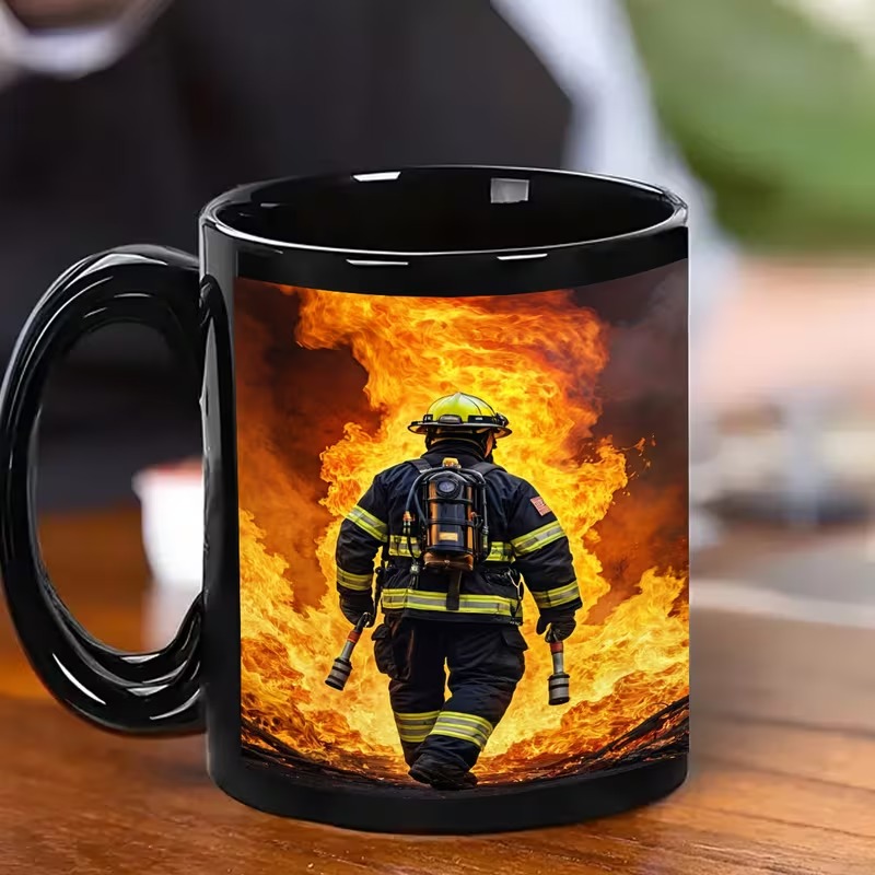 Firefighter Mug with Bold Firefighter Charging into Flames Design