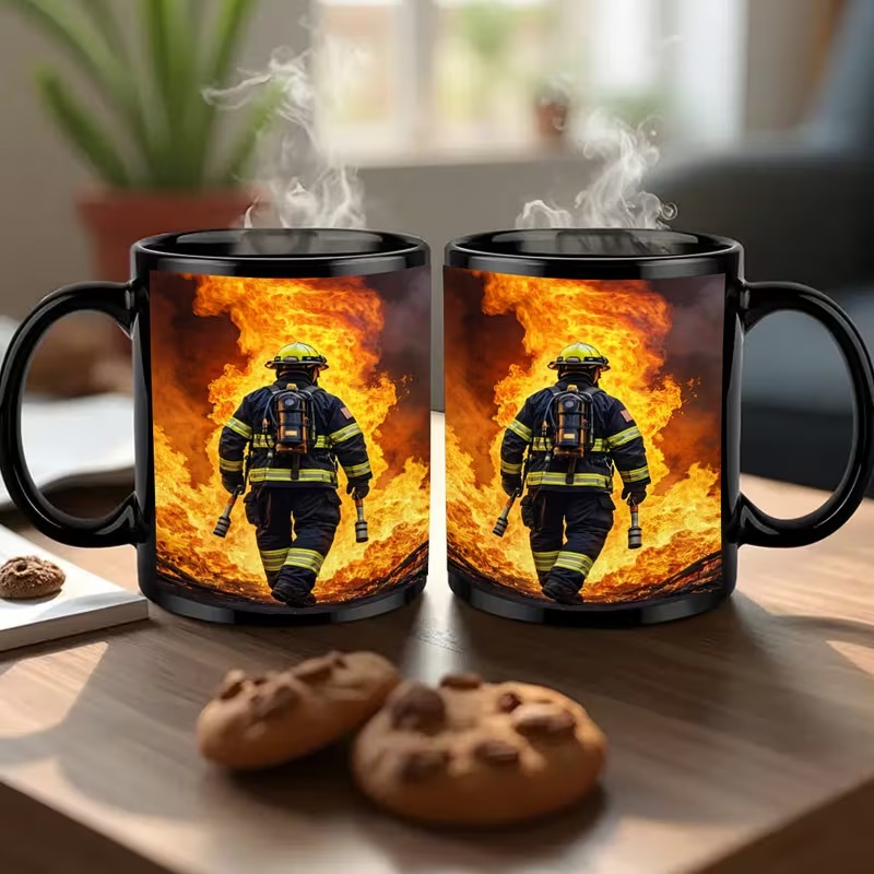 Firefighter Mug with Bold Firefighter Charging into Flames Design