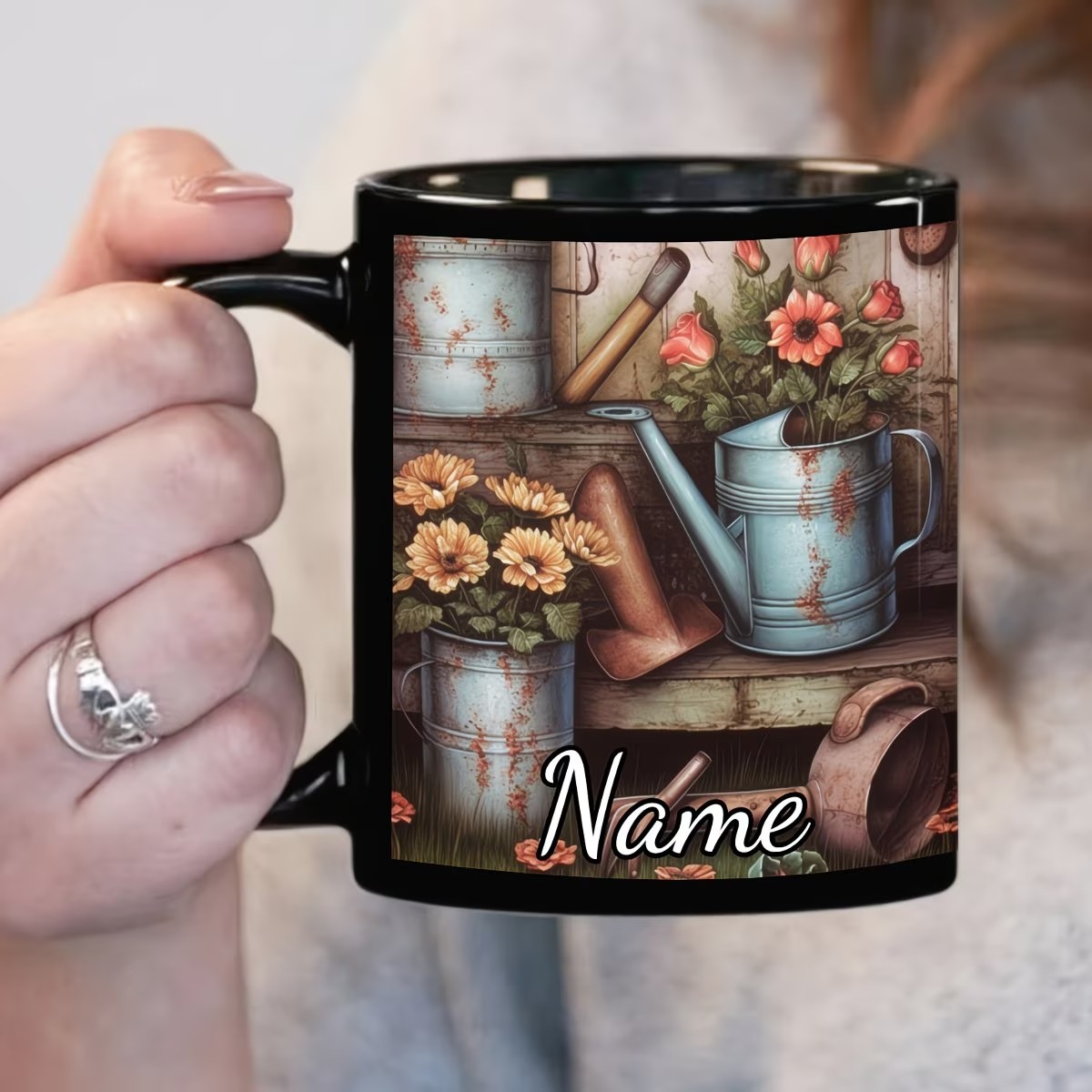 Custom Name/Text, Heavy-Duty 11oz Coffee Cup with Floral & Watering Can Design