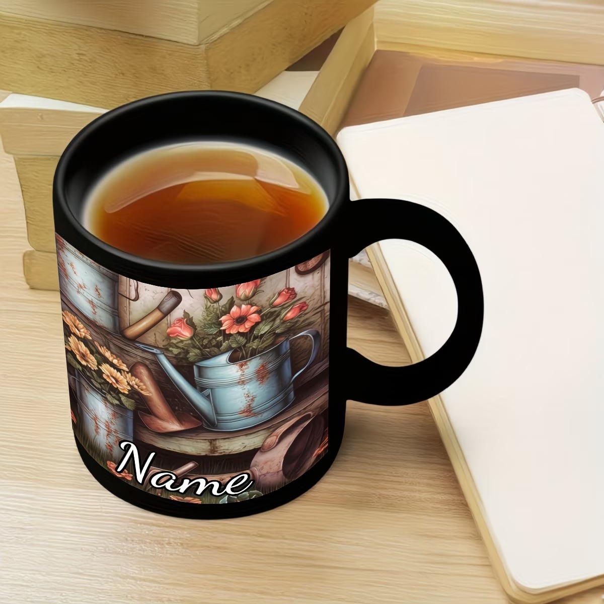  Custom Name/Text, Heavy-Duty 11oz Coffee Cup with Floral & Watering Can Design