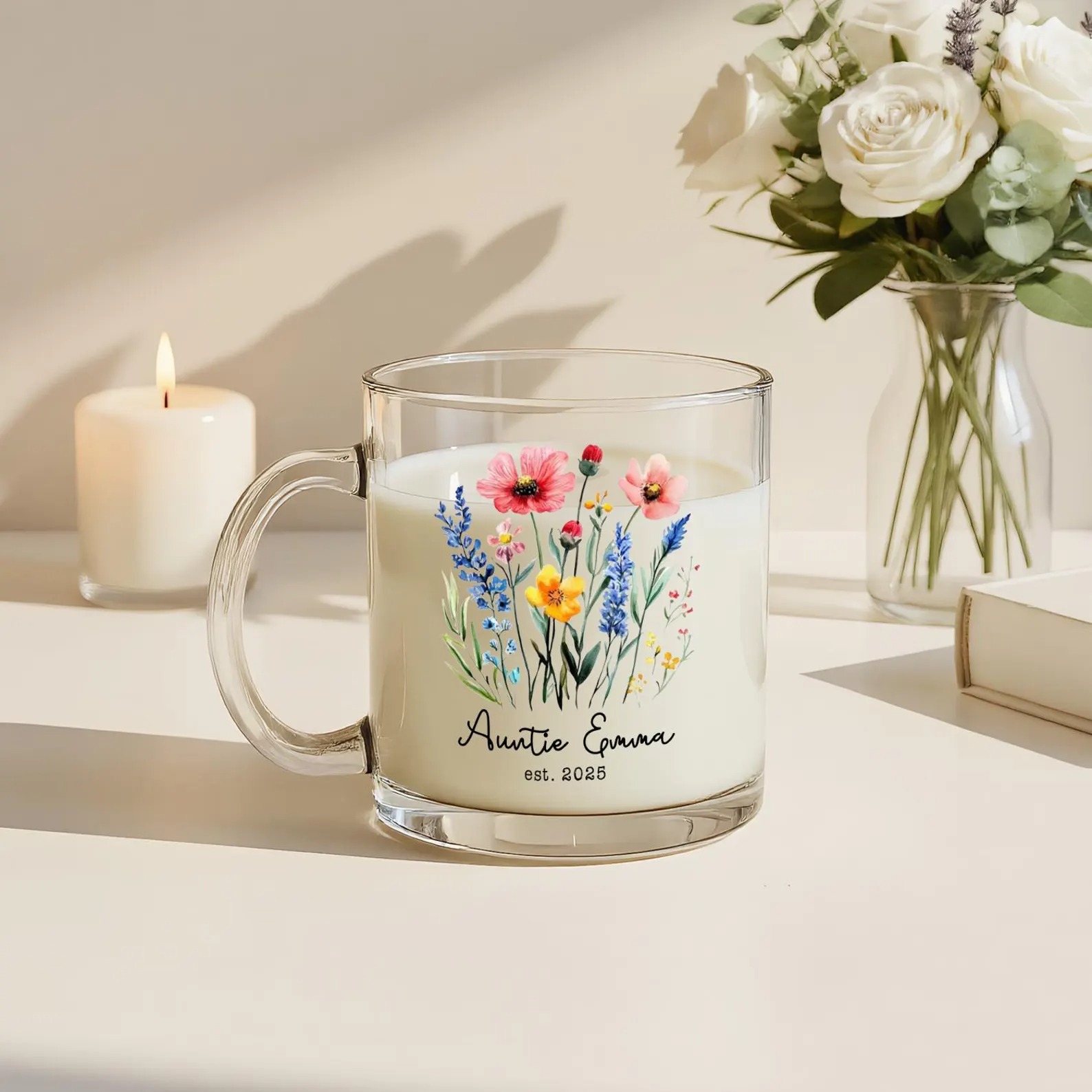 Personalized New Auntie Gift, Custom Floral Glass Coffee Mug with Name