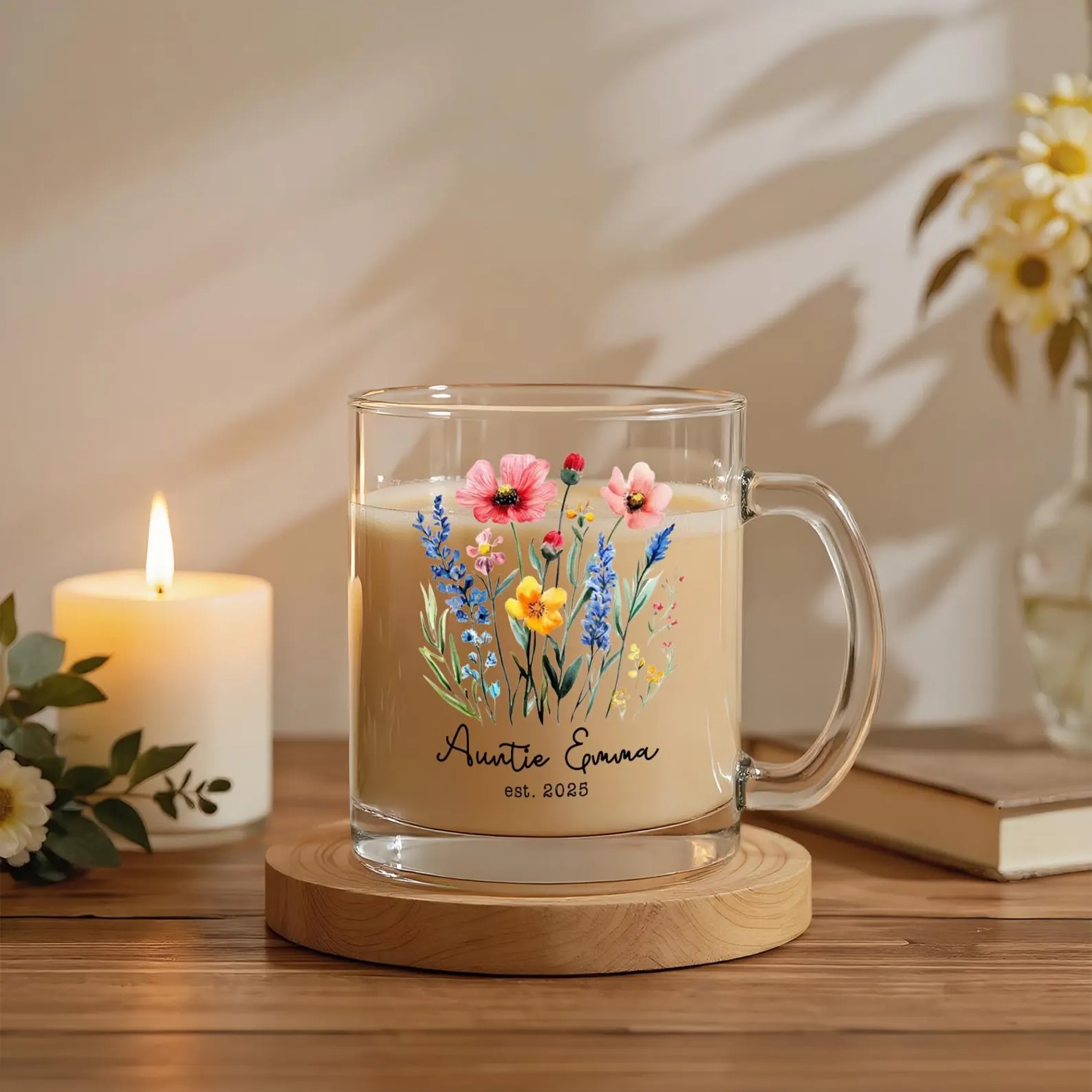 Personalized New Auntie Gift, Custom Floral Glass Coffee Mug with Name