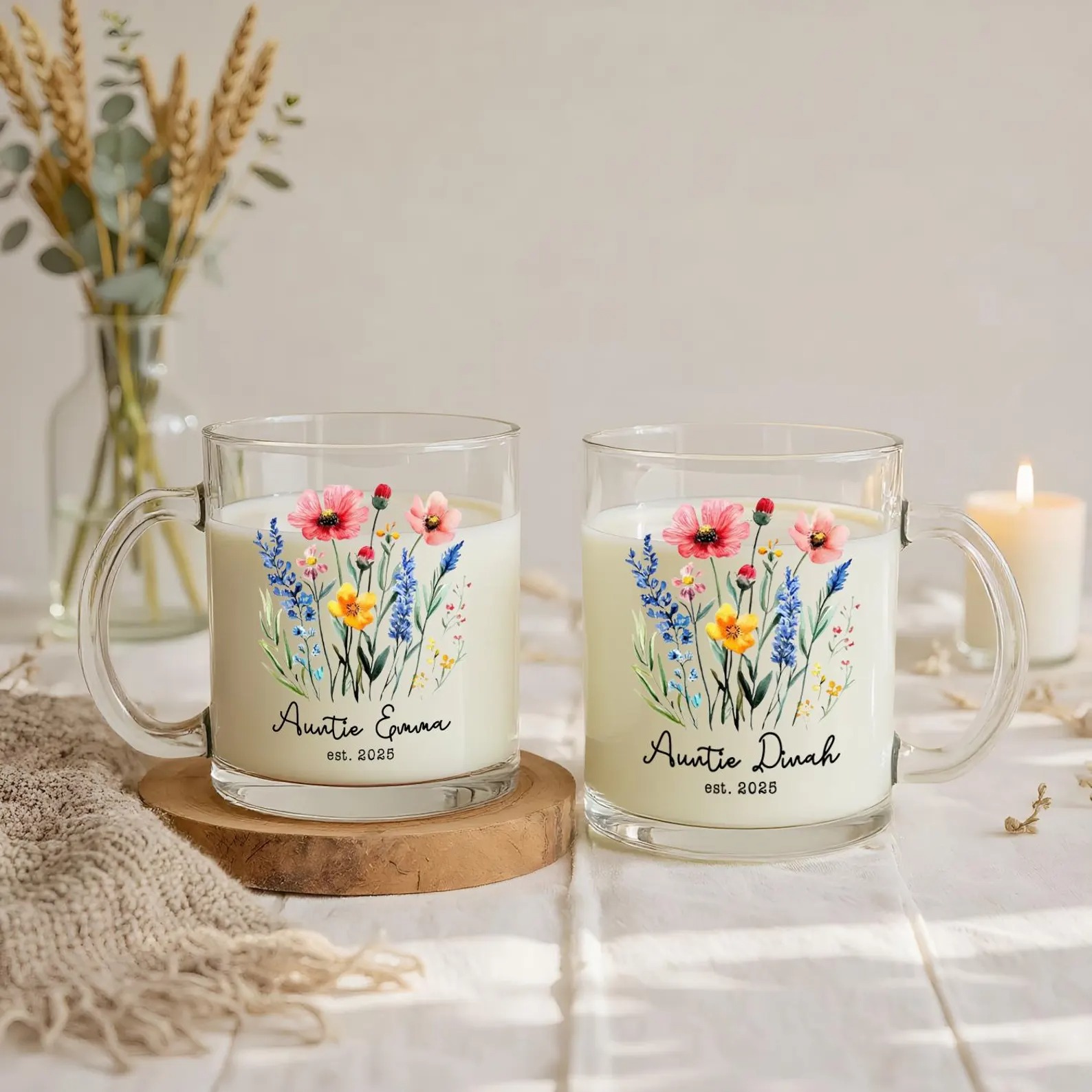 Personalized New Auntie Gift, Custom Floral Glass Coffee Mug with Name