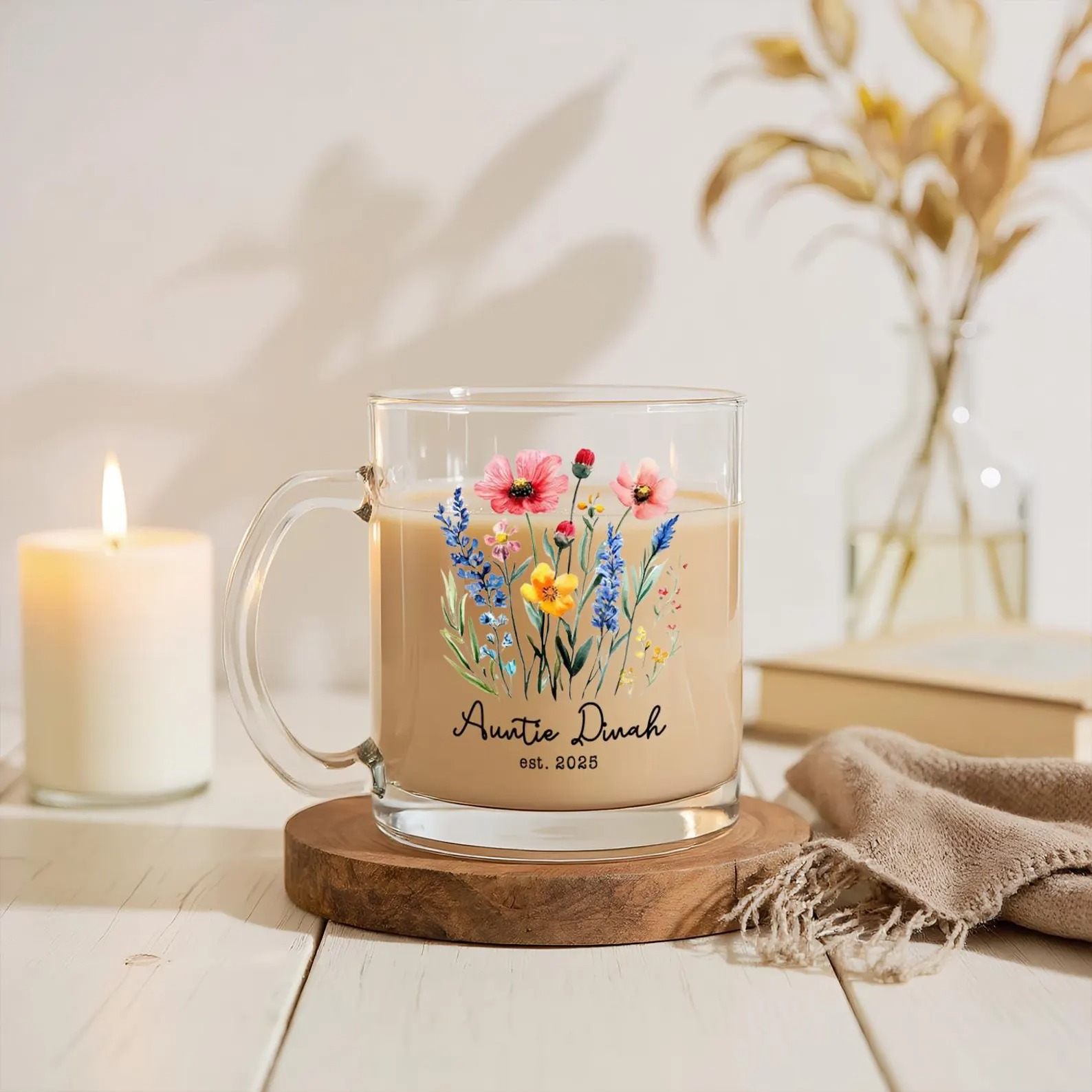 Personalized New Auntie Gift, Custom Floral Glass Coffee Mug with Name
