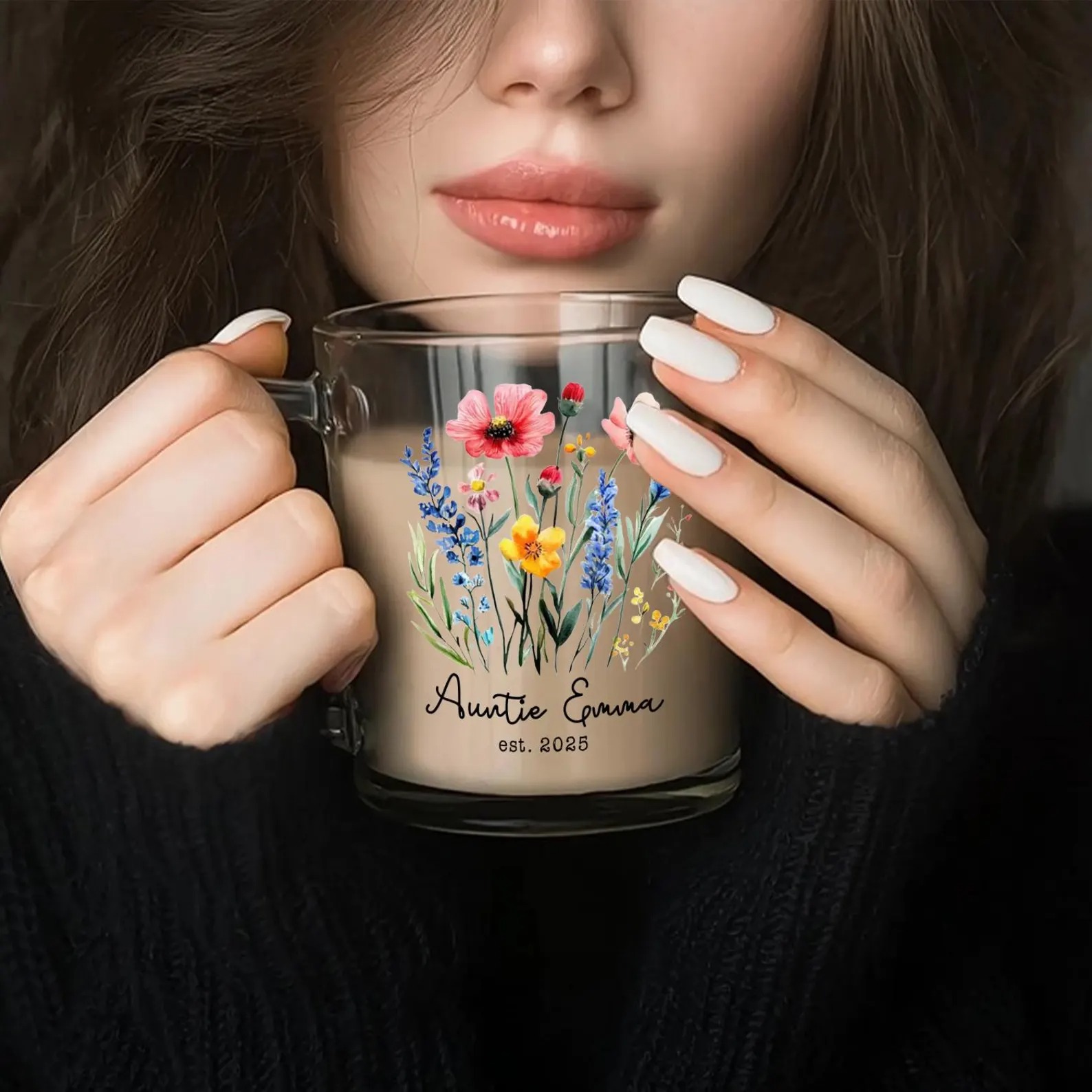 Personalized New Auntie Gift, Custom Floral Glass Coffee Mug with Name