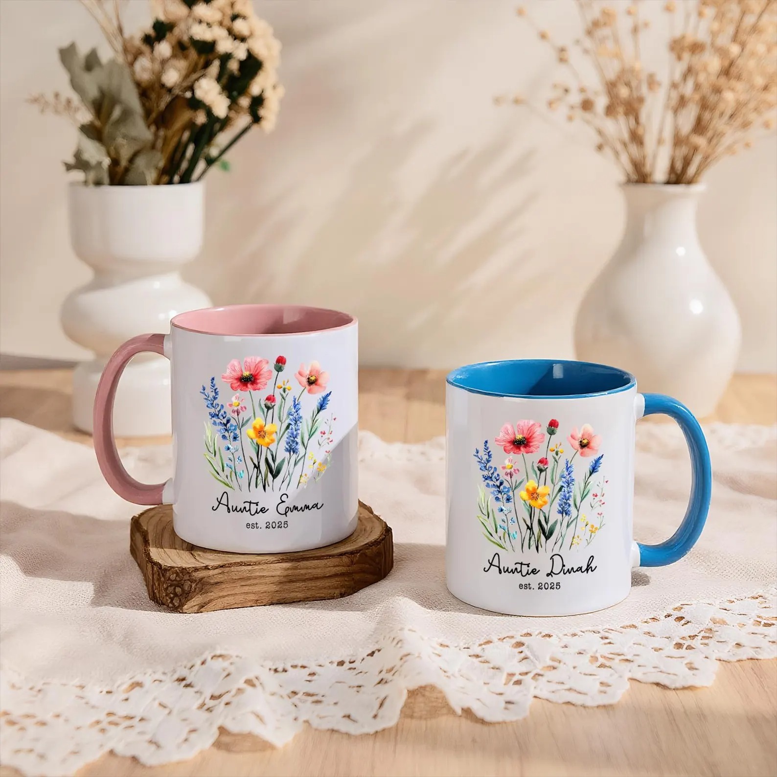 Personalized New Auntie Gift, Custom Floral Glass Coffee Mug with Name