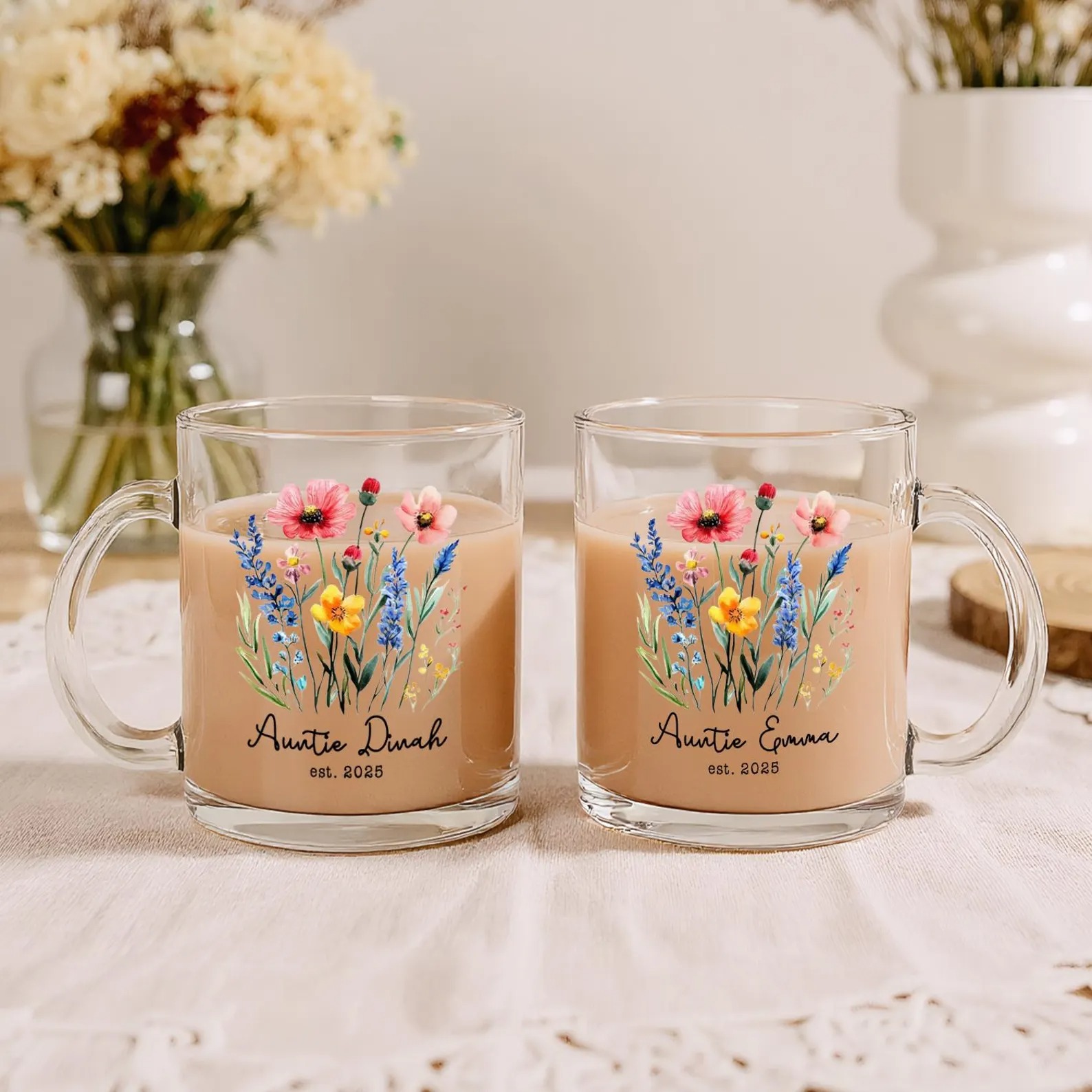 Personalized New Auntie Gift, Custom Floral Glass Coffee Mug with Name