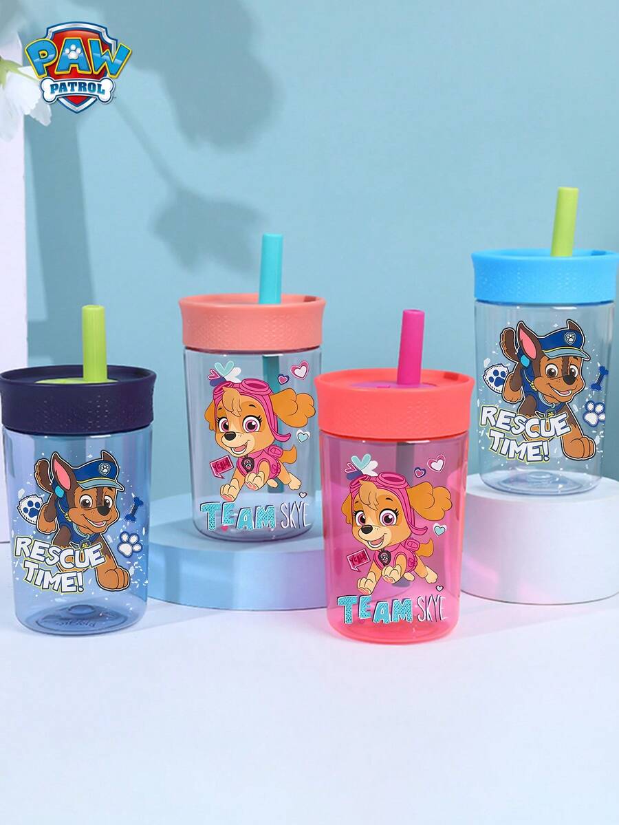 Paw Patrol Cartoon Print 12oz Plastic Straw Water Bottle With Handle And Lid