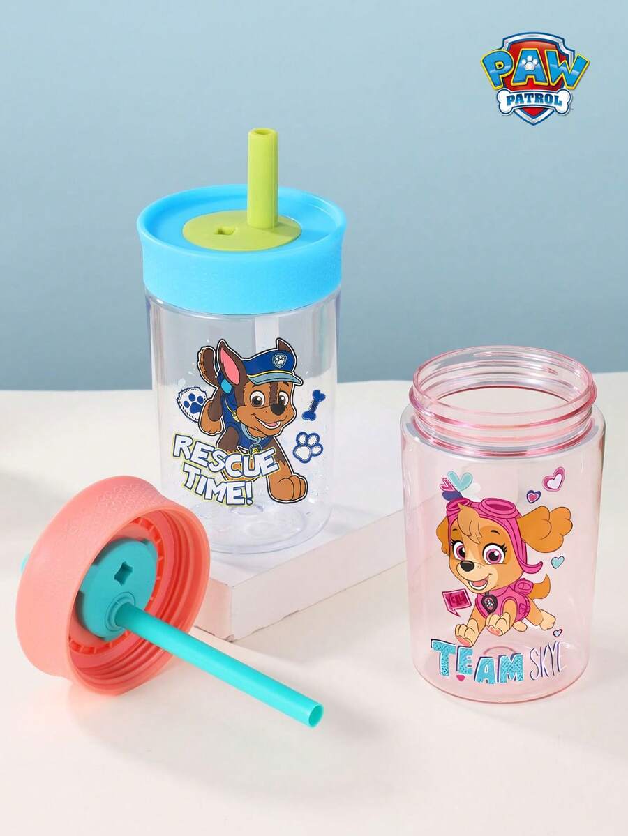 Paw Patrol Cartoon Print 12oz Plastic Straw Water Bottle With Handle And Lid