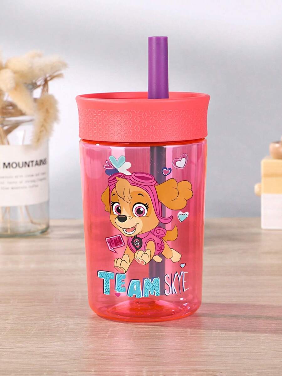 Paw Patrol Cartoon Print 12oz Plastic Straw Water Bottle With Handle And Lid