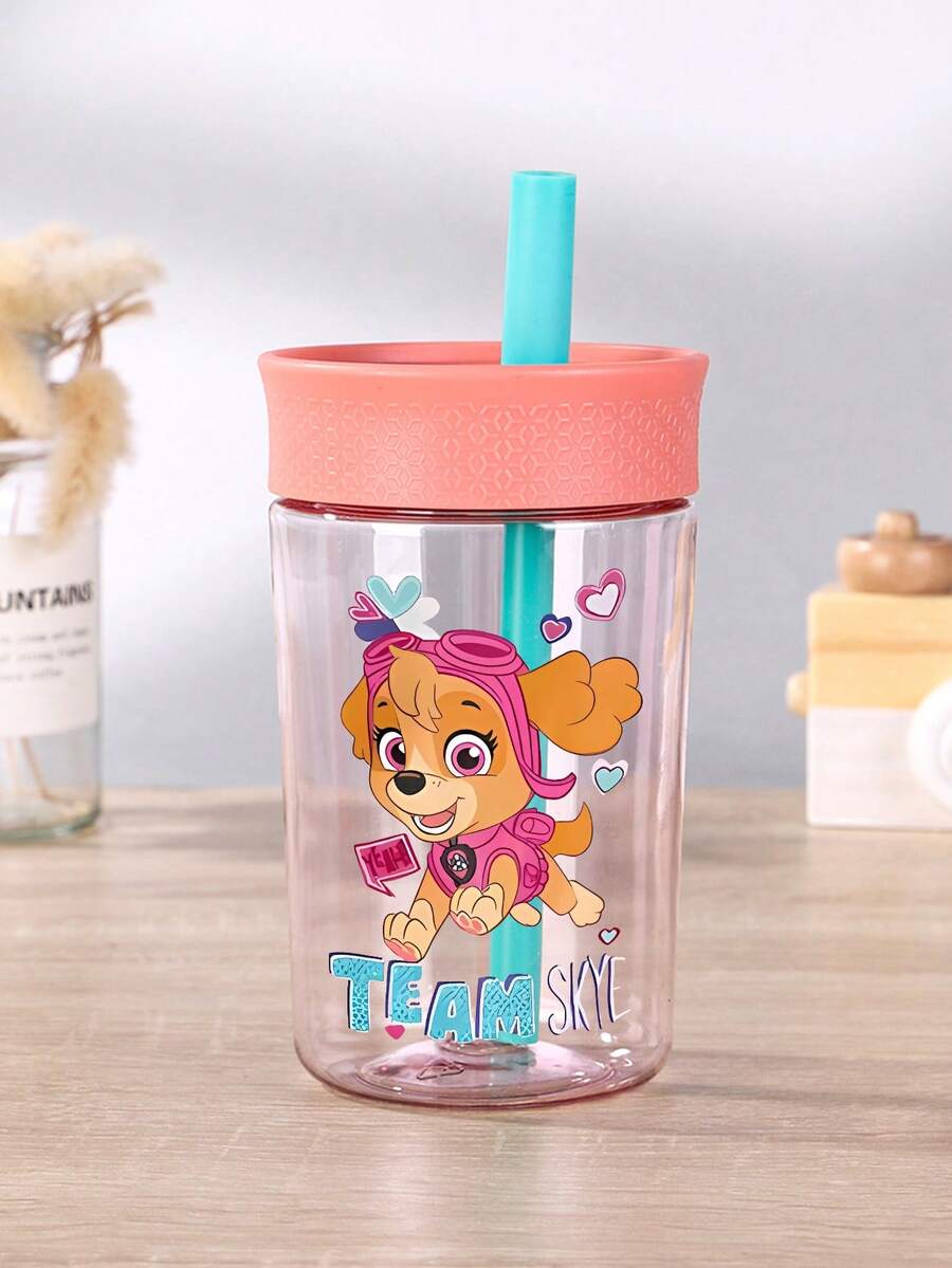 Paw Patrol Cartoon Print 12oz Plastic Straw Water Bottle With Handle And Lid