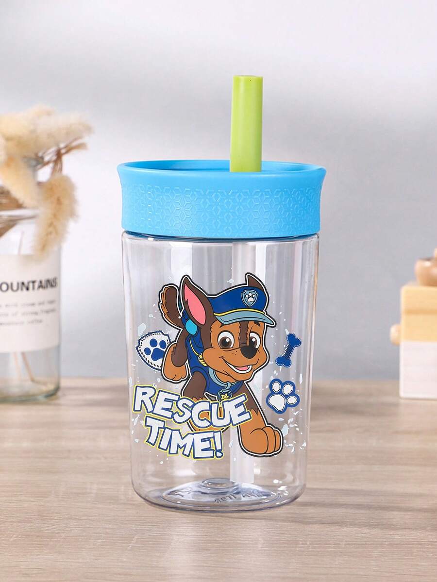 Paw Patrol Cartoon Print 12oz Plastic Straw Water Bottle With Handle And Lid