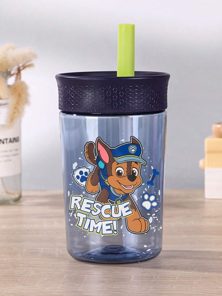 Paw Patrol Cartoon Print 12oz Plastic Straw Water Bottle With Handle And Lid