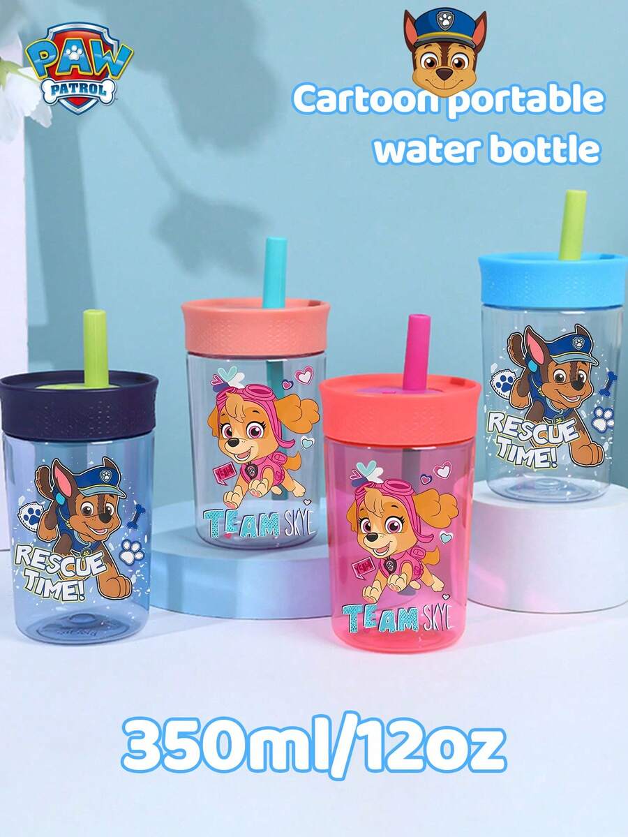 Paw Patrol Cartoon Print 12oz Plastic Straw Water Bottle With Handle And Lid