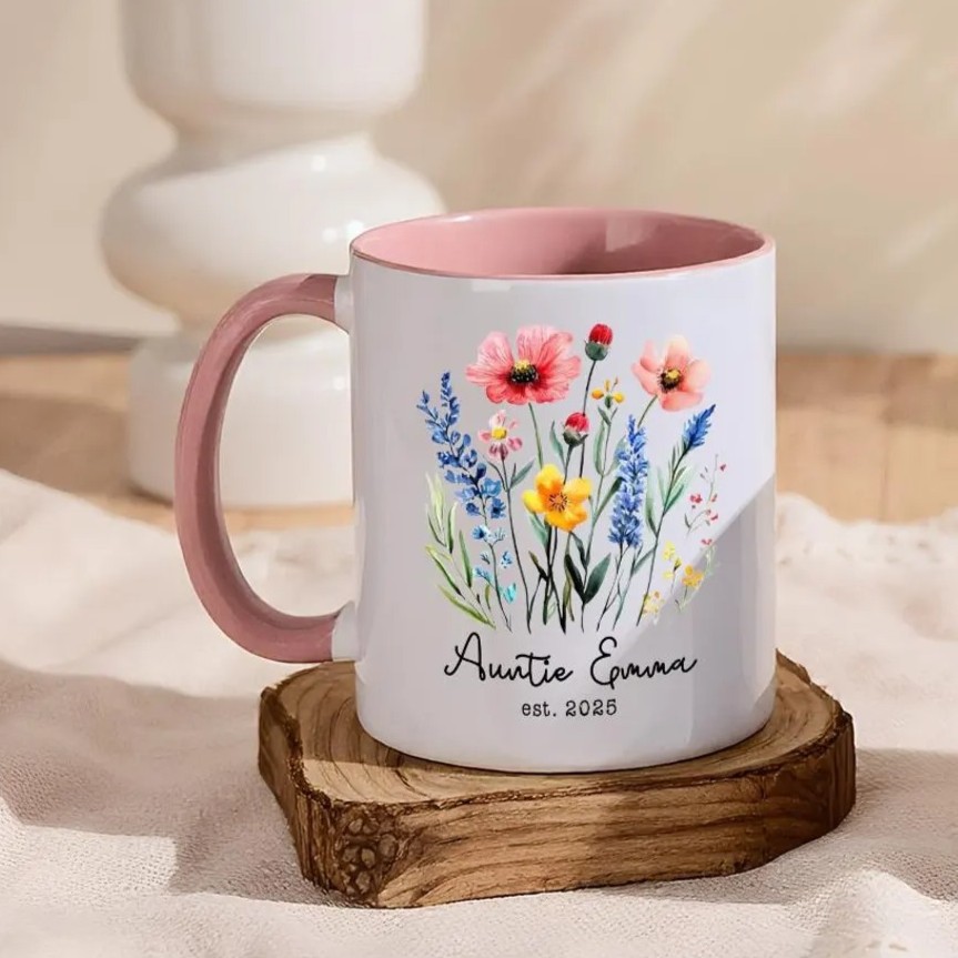 Personalized New Auntie Gift, Custom Floral Glass Coffee Mug with Name