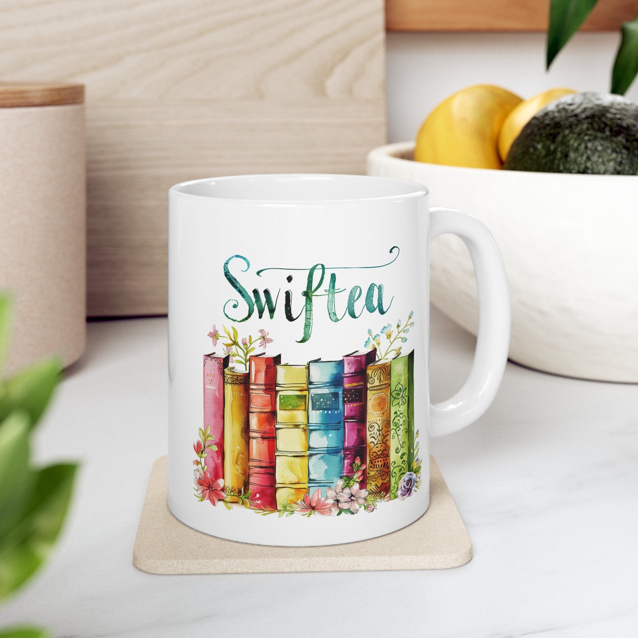 TS Inspired Book Stack Floral Design Themed 11oz Ceramic Coffee Mug