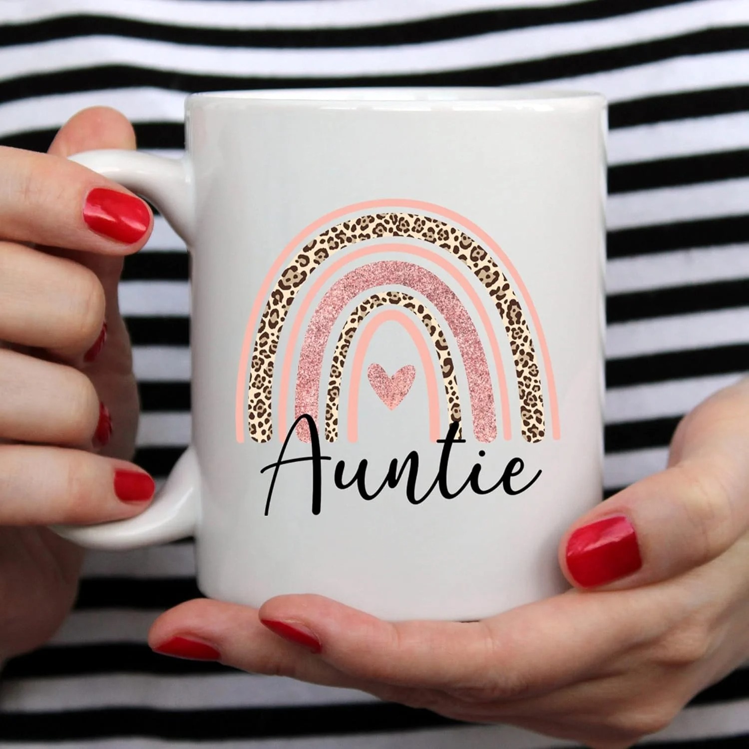 11 Oz Auntie Text Printed Coffee Mug With Rainbow Design