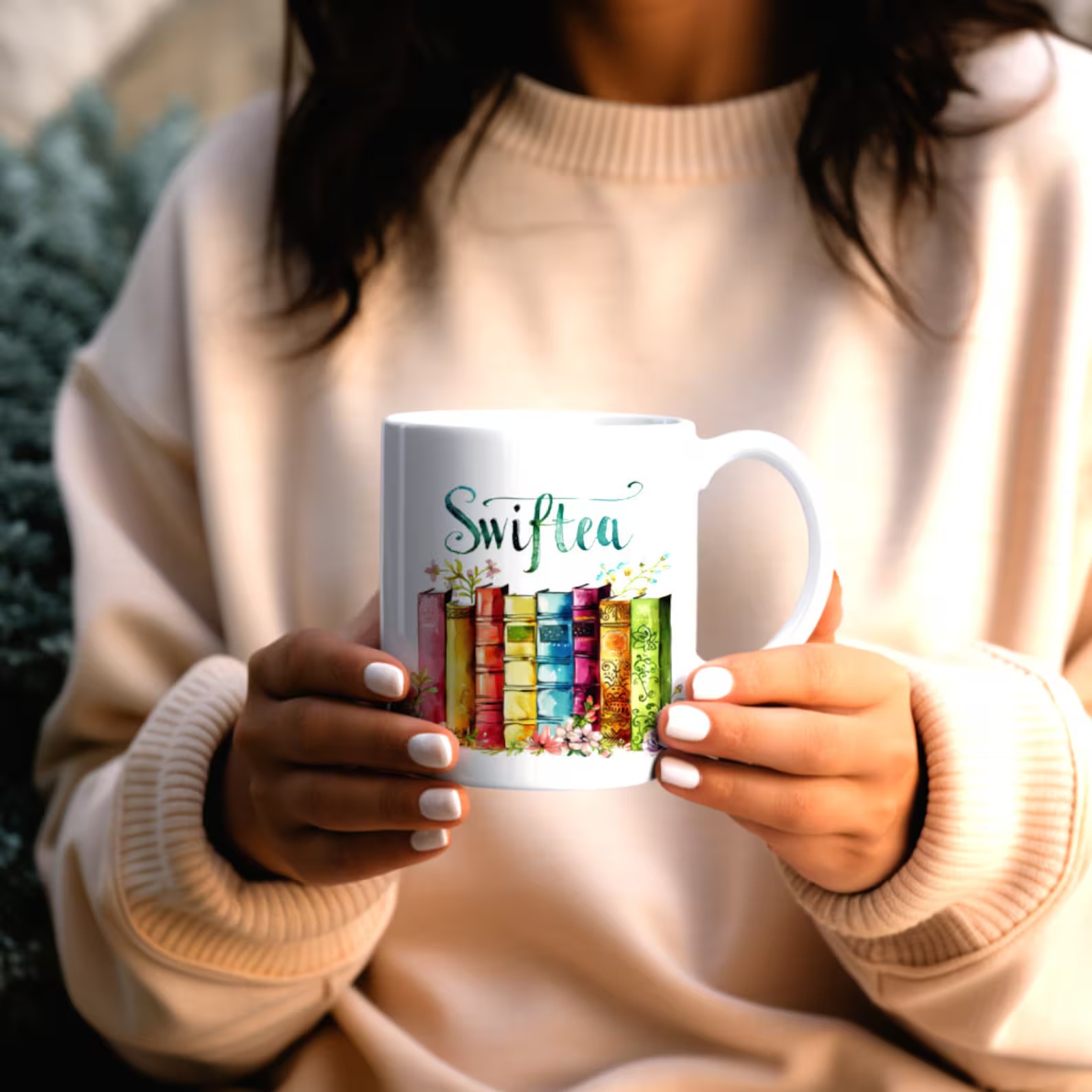 TS Inspired Book Stack Floral Design Themed 11oz Ceramic Coffee Mug